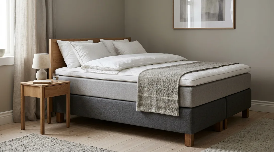 Hohes Boxspringbett mit Topper und einem quer über das Fußende gelegten Bettläufer