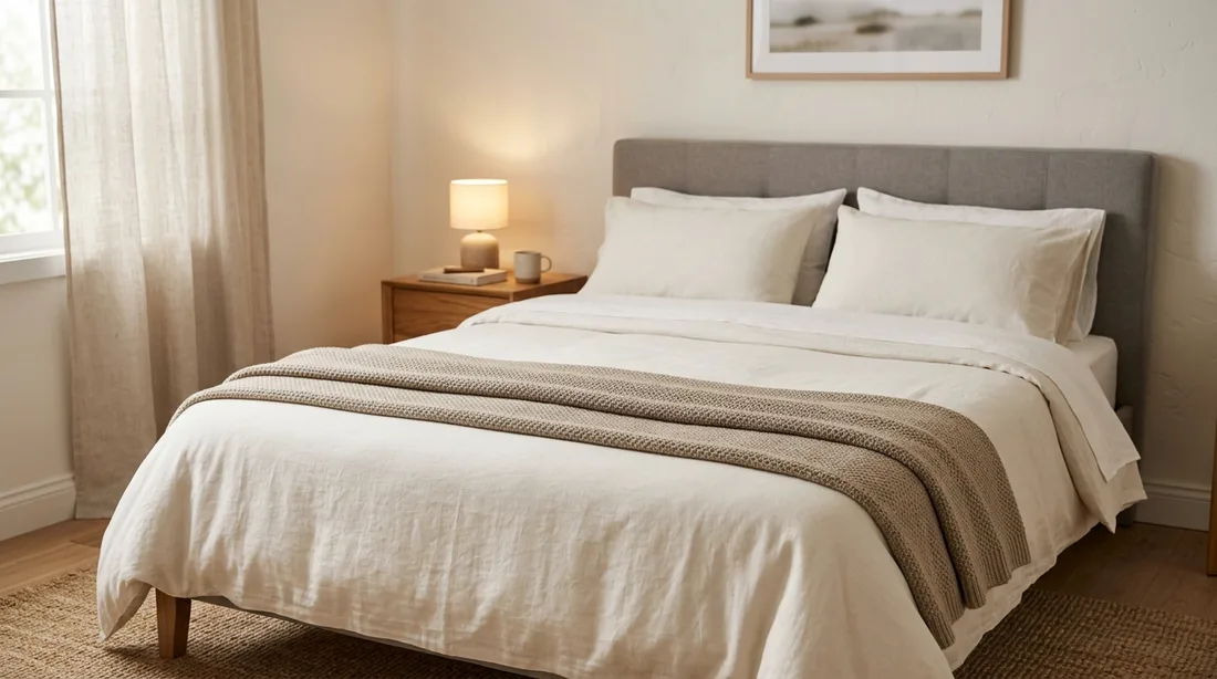 Bett mit heller Bettwäsche und einem farblich abgestimmten Bettläufer am Fußende