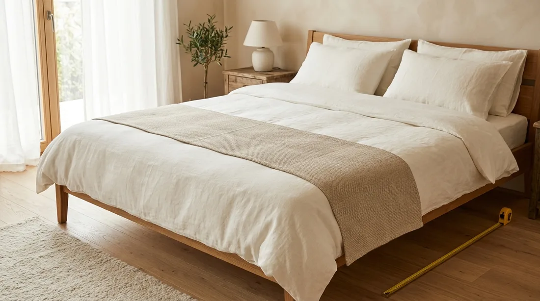 Bezogenes Doppelbett mit einem quer über die Mitte der Liegefläche gelegten Bettläufer und weit herunterhängendem Überhang auf der zur Kamera gewandten Seite, daneben ein ausgezogenes Maßband auf dem Boden